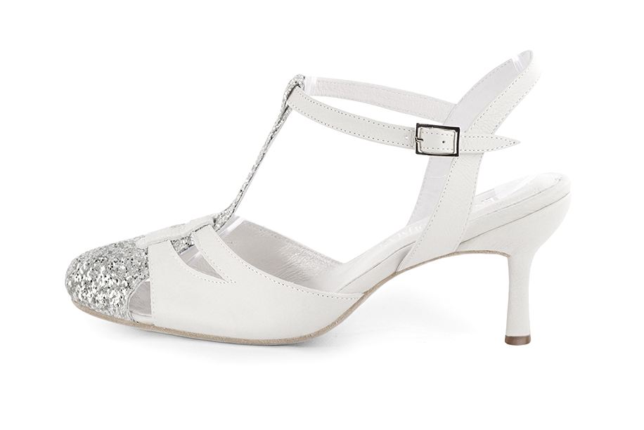 Light silver and off white women's open back T-strap shoes. Round toe. High slim heel. Profile view - Florence KOOIJMAN